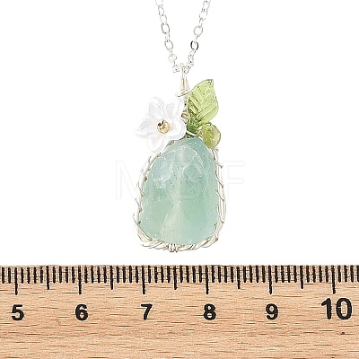 Raw Natural Green Fluorite Nuggets with Flower Wire Wrapped Pendant 304 Stainless Steel Cable Chain Necklaces NJEW-TA00268-1