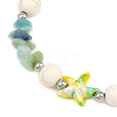 Dyed Synthetic Turquoise Starfish & Natural Flower Amazonite Chip Beaded Anklets with 304 Stainless Steel End Chains AJEW-AN00733-03-1
