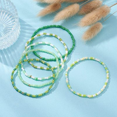 6Pcs Glass Seed & Brass Beaded Stretch Bracelets Set BJEW-JB09538-02-1