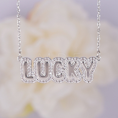 Brass Micro Pave Clear Cubic Zirconia Bubble Word LUCKY Pendant Necklaces FS-WGCB7F4-02-1
