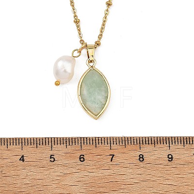 Rice Natural Pearl & Natural Green Fluorite Faceted Horse Eye Pendant 304 Stainless Steel Satellite Chain Necklaces for Women NJEW-JN06261-01-1