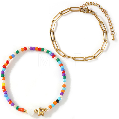 2Pcs 2 Styles Glass Seed Beads & Natural Shell & 304 Stainless Steel Beads Stretch Bracelest & Brass Paperclip Chain Bracelets Set for Women GY4605-18-1