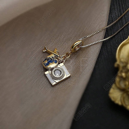 Brass Crystal Rhinestone Enamel Earth Airplane Camera Pendant Necklaces for Women WGA9EC1-01-1