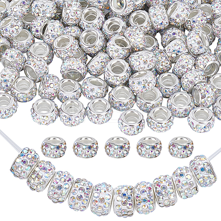 Handmade Polymer Clay Rhinestone European Large Hole Beads with Silver Color Plated Brass Cores FPDL-PA0001-02B-1