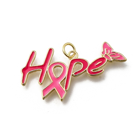 October Breast Cancer Pink Awareness Ribbon Brass Enamel Pendants KK-G525-10G-02-1