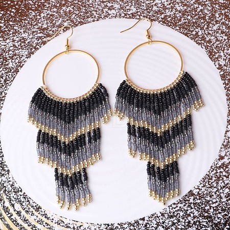 Alloy Glass Seed Beads Ring Tassel Dangle Earrings FS-WG48D5F-03-1