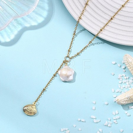 Summer Natural Baroque Keshi Pearl & 304 Stainless Steel Sea Animal Pendant Satellite Chain Y Lariat Necklaces NJEW-JN06049-03-1