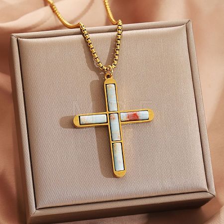 304 Stainless Steel with Natural Shoushan Stone Religion Cross Pendant Necklaces FS-WG3F108-01-1