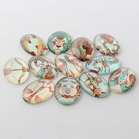 Colorful Flat Oval Constellation/Zodiac Sign Printed Glass Cabochons GGLA-A003-18x25-AC-1