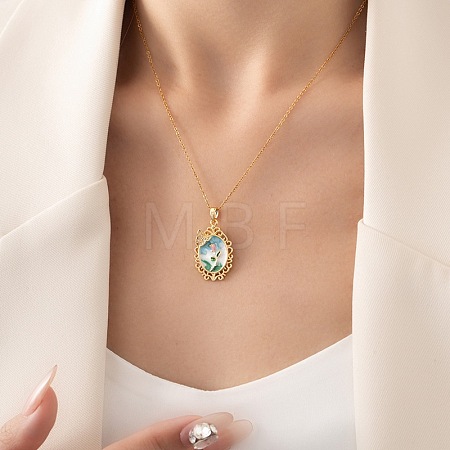 201 Stainless Steel Rhinestone and Enamel Colorful Oval with Butterfly Pendant Necklaces for Women FS-WGC8FD6-01-1