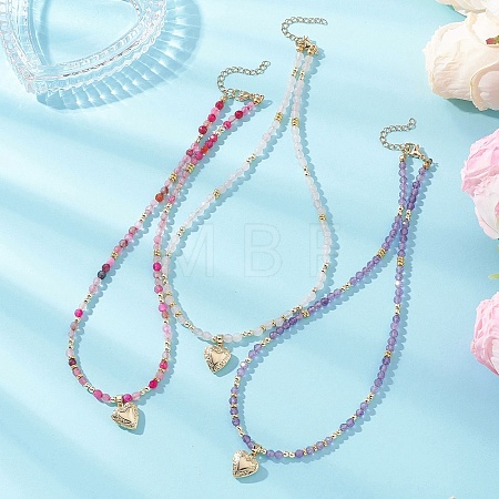 3Pcs 3 Styles Brass Heart Locket Pendant Faceted Round  Natural Amethyst & Rose Quartz & Dyed Agate Beaded Necklaces NJEW-JN05737-1