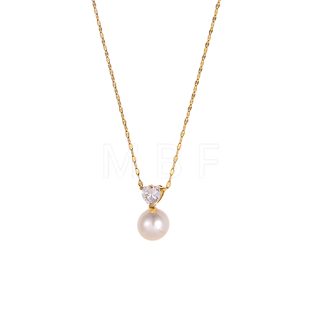 304 Stainless Steel & Shell Pearl Round Beaded Necklaces NJEW-OY002-47G-1