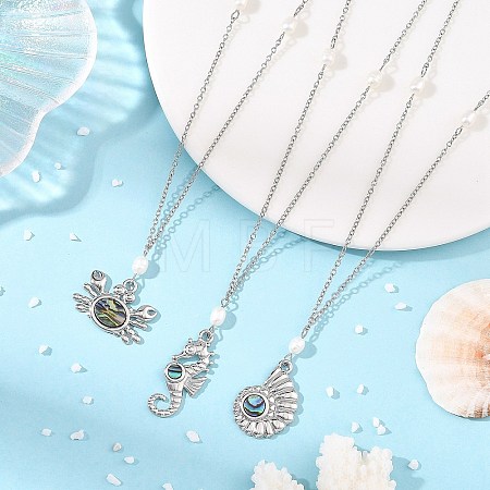 Alloy Natural Paua Shell Alloy Sea Animals Pendant 304 Stainless Steel Cable Chain Necklaces with Natural Pearl for Women NJEW-JN06524-1