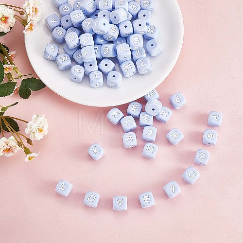 20Pcs Blue Cube Letter Silicone Beads 12x12x12mm Square Dice Alphabet Beads with 2mm Hole Spacer Loose Letter Beads for Bracelet Necklace Jewelry Making JX434S-1