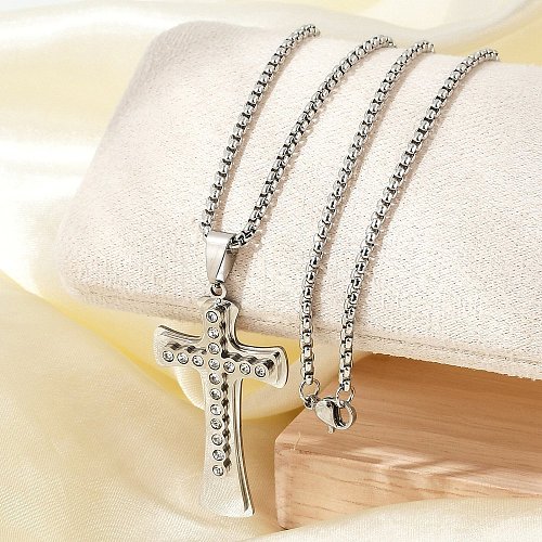 304 Stainless Steel Clear Cubic Zirconia Religion Cross Pendant Box Chain Necklaces for Men NJEW-S387-06P-1