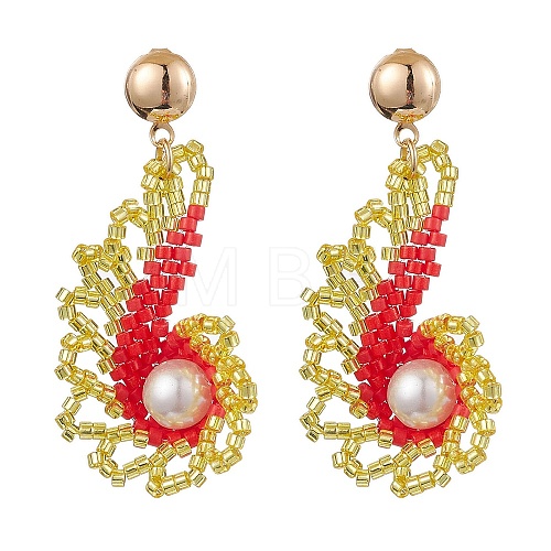 Glass Seed Bead & Glass Pearl Bead Conch Dangle Stud Earrings for Women EJEW-MZ00269-03-1