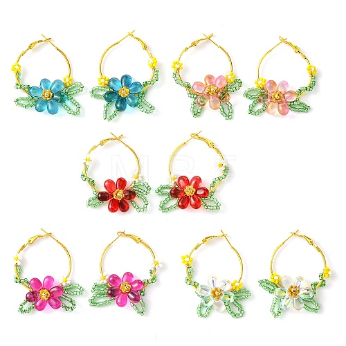 Woven Glass Flower Huggie Hoop Earring EJEW-MZ00235-1