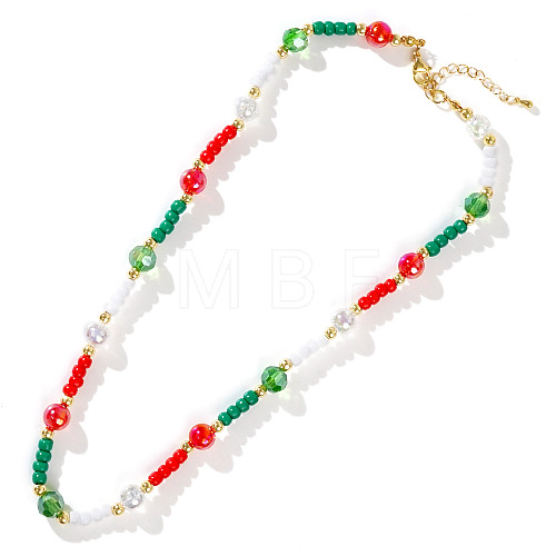 Christmas Theme Glass & Imitaiton Pearl & Brass Faceted Round Beaded Necklaces GF3195-1-1