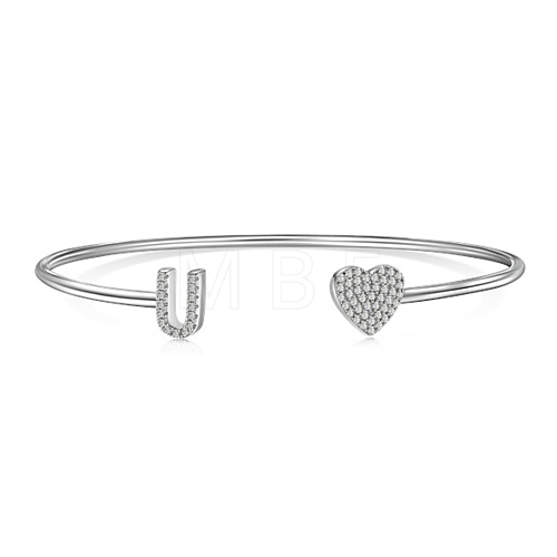 Anti-Tarnish Heart & Letter Rhodium Plated 925 Sterling Silver Micro Pave Cubic Zirconia Cuff Bangles for Women BJEW-C062-01U-P-1