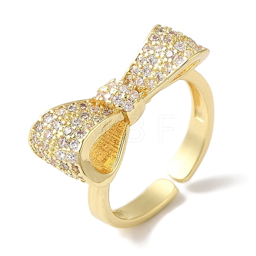 Bowknot Brass Micro Pave Clear Cubic Zirconia Open Cuff Rings for Women RJEW-C098-21G-1