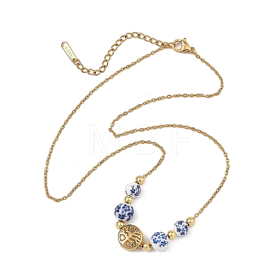 Floral Printed Round Handmade Porcelain & Brass Tree of Life Graduated Beaded Necklaces NJEW-JN06437-1
