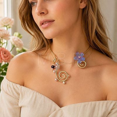 Adjustable Alloy & Resin Flower Spiral Cuff Choker Necklaces with Imitation Pearl WG54258-01-1