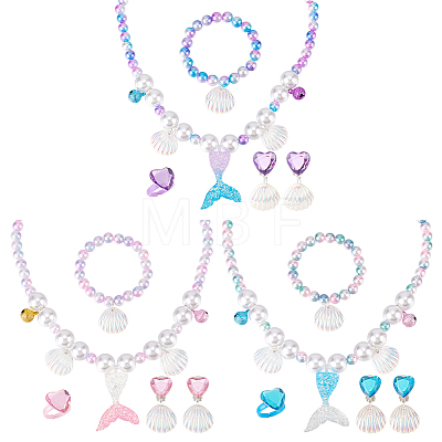 3 Sets 3 Colors Plastic Shell & Alloy Bell Pendant Necklace & Bracelet & Dangle Stud Earrings & Open Cuff Ring SJEW-AN0001-34-1