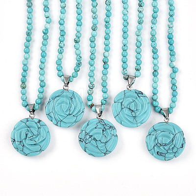 Synthetic Turquoise 4.5mm Round Beaded Flower Pendant Necklaces NJEW-T016-04G-1