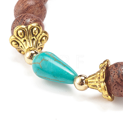 Natural Wood Round Beaded Stretch Bracelet with Synthetic Turquoise Teardrop BJEW-JB07992-1