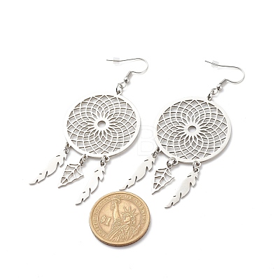 Tarnish Resistant 304 Stainless Steel Woven Net with Feather Dangle Earrings for Women EJEW-JE05005-1