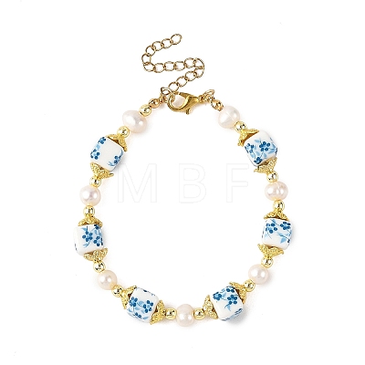 Flower Printed Handmade Porcelain Cube & Natural Pearl Beaded Necklaces BJEW-JB14176-1