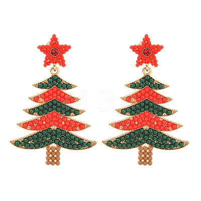 Christmas Tree Alloy & Acrylic Beaded Dangle Stud Earrings for Women EJEW-G406-01G-02-1