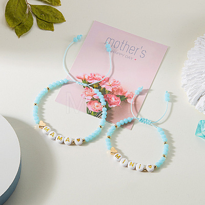 2Pcs Mother's Day Resin & Glass Mama & Mini Beaded Braided Bead Bracelet Set WGEEE28-02-1