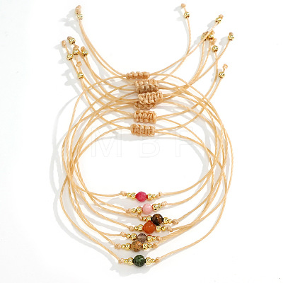 Casual Brass Bead Khaki Wax Thread Semi-Precious Natural Gemstone Bracelets Sets LS-JA4012-1