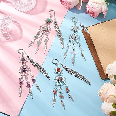 Alloy Sun & Woven Net/Web with Feather Charms Bookmarks AJEW-JK00368-1