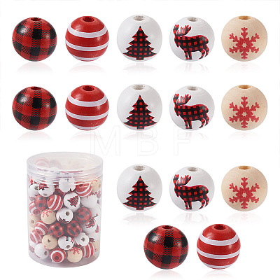 Beadthoven 100Pcs 5 Style Christmas Themed Dyed Natural Wooden Beads WOOD-BT0001-07-1
