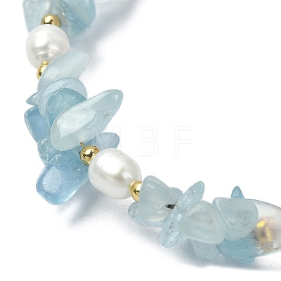 Natural Aquamarine Chips & Pearl Beaded Bracelet BJEW-TA00349-03-1