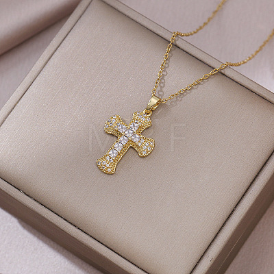 304 Stainless Steel Micro Pave Cubic Zirconia Religion Cross Pendant 304 Stainless Steel Cable Chain Necklaces WG8E2CC-03-1