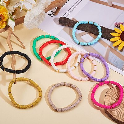 10Pcs 10 Colors Polymer Clay Heishi Beaded Stretch Bracelets BJEW-PH01445-1