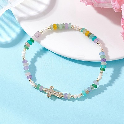 Brass Micro Pave Clear Cubic Zirconia Cross & Natural Pearl & White Jade Rondelle Beads Stretch Bracelets for Women BJEW-JB13114-1