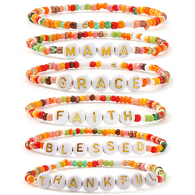 6Pcs 6 Styles Bohemian Handmade Word Resin & Plastic Colorful Glass Beaded Friendship Stretch Bracelets for Men Women PI5207-1-1