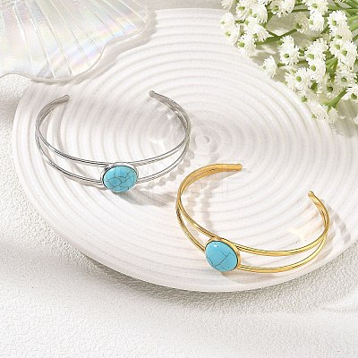 2Pcs 2 Colors Dyed Synthetic Turquoise Dome 304 Stainless Steel Hollow Open Cuff Bangle Sets BJEW-JB14400-1