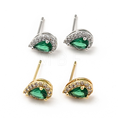 Green Cubic Zirconia Teardrop Stud Earrings EJEW-F288-20-1