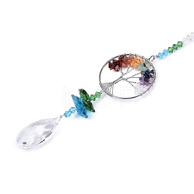 Chakra Natural Mixed Stone Chips Tree of Life Suncatcher HJEW-N005-01-1