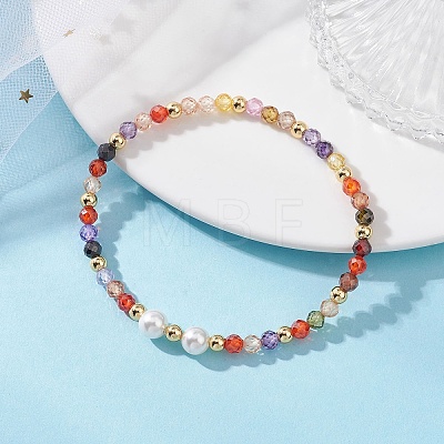 Cubic Zirconia & Shell Pearl Round Beaded Stretch Bracelets for Women BJEW-JB13280-1