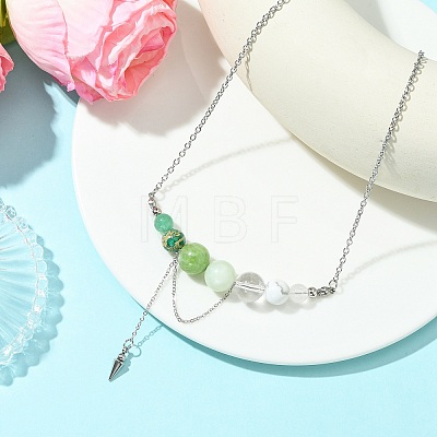 Natural Green Aventurine & Quartz Crystal & Dyed Imperial Jasper & New Jade Round Graduated Beaded Pendant 304 Stainless Steel Cable Chain Necklaces for Women NJEW-TA00242-03-1