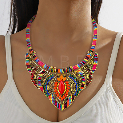 Bohemian Style Colorful Flower Alloy Coral Rhinestone & Polyester Cord Pendant Bib Necklaces for Women FS-WG73F41-01-1