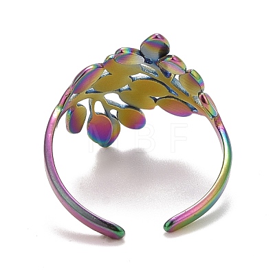 Rainbow Color Ion Plating(IP) 304 Stainless Steel Leaf Wrap Open Cuff Ring for Women RJEW-A005-12-1
