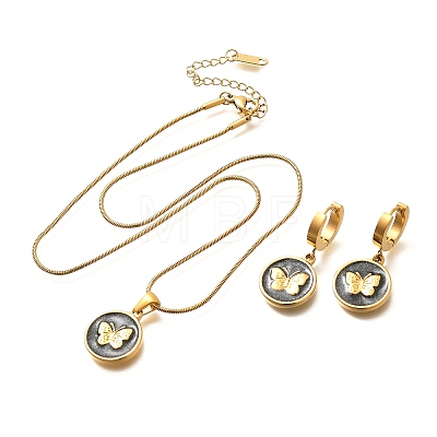 304 Stainless Steel Enamel Pendant Necklaces & Hoop Earring Set for Women SJEW-C007-03G-01-1