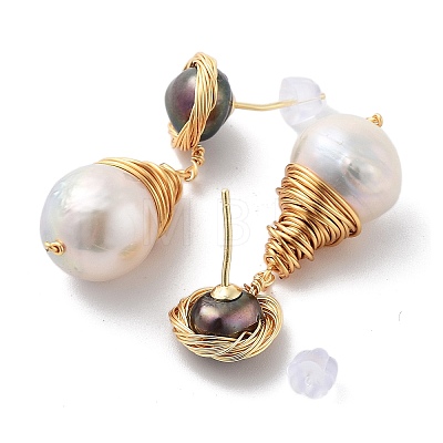 Natural Pearl Dangle Stud Earrings EJEW-P256-17G-1